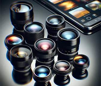 Collection of optical lenses by Hemusun alongside a smartphone