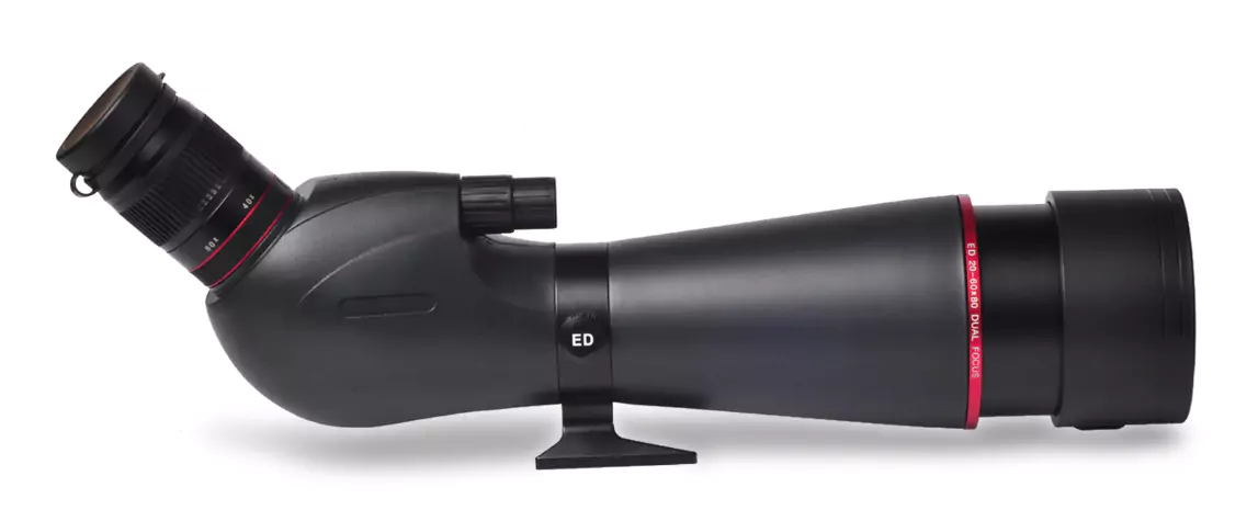 Black spotting scope with red accents and "ED" marking by Hemusun, featuring adjustable eyepiece and tripod mount